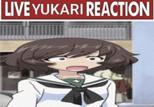 a cartoon girl stands in front of a live yukari reaction sign
