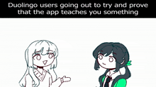 a cartoon drawing of a girl with the words " duolingo users going out to try and prove that the app teaches you something "