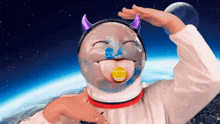 a person in a space suit with a coin in their mouth that says ' e ' on it
