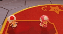 a couple of toads standing next to each other on a red rug .