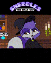 a cartoon of a purple cat wearing a witch hat with the words sneebles the half cat above it