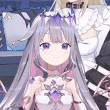 a close up of a girl with purple eyes and a crown on her head