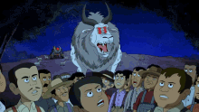a group of people are looking at a cartoon goat