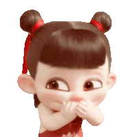 a cartoon girl with red ribbons in her hair covering her mouth with her hands