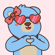 a blue teddy bear wearing heart shaped sunglasses