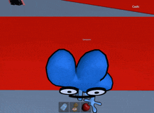 a blue cartoon character is holding an apple in front of a next map button