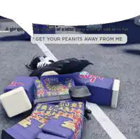 a girl is laying on the ground with a message that says get your peanuts away from me