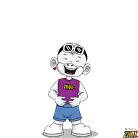 a cartoon character is wearing a shirt that says ' zhot ' on it