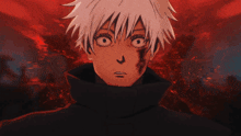 a close up of a cartoon character with white hair