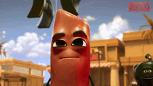 a cartoon character from sausage party is looking at the camera