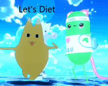 a poster that says let 's diet with a cat and a green object