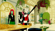 a cartoon of harley quinn holding a bat and a phone