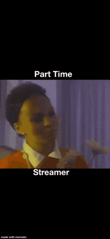 a man is singing into a microphone with the words `` part time streamer '' written above him .