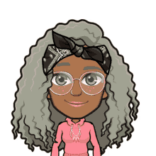 a cartoon girl with curly hair wearing glasses and a bandana on her head