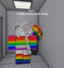 a person in a rainbow colored outfit is standing in a hallway with the words public bathroom bully written above them