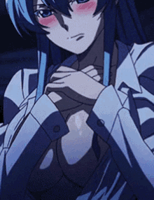 a blue haired anime girl with a striped shirt on