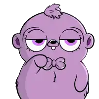 a purple cartoon character with a bow tie covering his mouth with his finger
