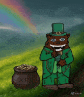 a cartoon of a leprechaun standing next to a pot of xrp coins