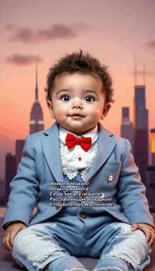 a baby in a suit with a red bow tie