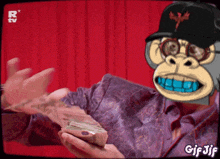 a man with a monkey mask on his face is holding money