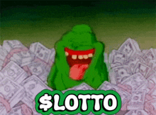a cartoon character is surrounded by a pile of money and the word lotto is above him
