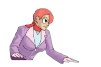 a cartoon drawing of a woman in a purple jacket and red scarf