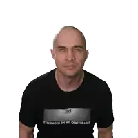 a man wearing a black t-shirt with the word em on the front