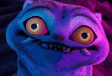 a close up of a cartoon cat 's face with a purple background