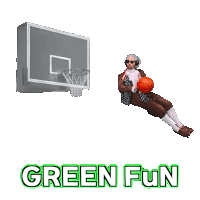 a man is playing basketball with the words green fun behind him