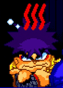 a pixel art drawing of a person with purple hair and red sss