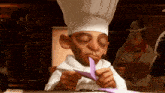 a cartoon chef is holding a piece of paper in front of a sign that says central