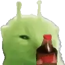a green alien is holding a bottle of soda .