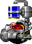 a pixel art drawing of sonic the hedgehog sitting in a machine with a flag on it .