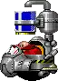 a pixel art drawing of sonic the hedgehog sitting in a machine with a flag on it .