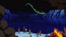a group of people are standing in front of a green dragon