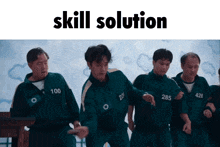 a group of men are dancing in front of a sign that reads skill solution