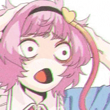 a cartoon girl with pink hair is making a funny face with her hand on her head .