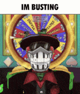 a cartoon character is standing in front of a colorful spinning wheel with the words im busting above him