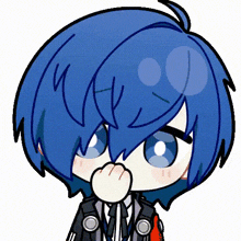 a cartoon drawing of a boy with blue hair covering his mouth