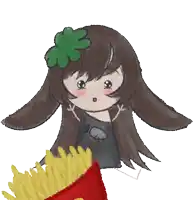 a drawing of a girl with a clover in her hair and french fries