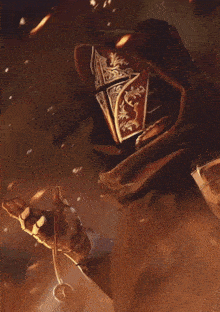 a painting of a knight with a sword and a hood