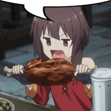 a girl is holding a large piece of meat in her hand
