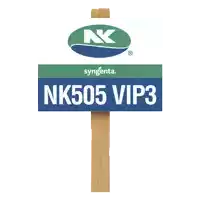 a sign for syngenta nk505 vip3 is on a wooden post