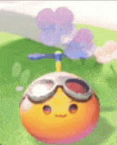 a close up of a cartoon character wearing goggles