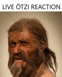 a statue of a man with a beard and the words live otzi reaction below it