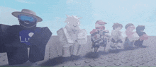a group of roblox characters are standing in a line with one wearing a shirt that says lu