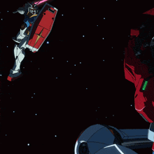 a cartoon of a robot with a red shield