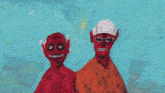 a painting of two red monsters one wearing a hat and glasses
