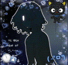 a cartoon drawing of a girl and a black cat with hearts around them