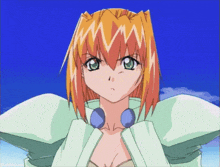 a girl with orange hair and green eyes is wearing a green jacket